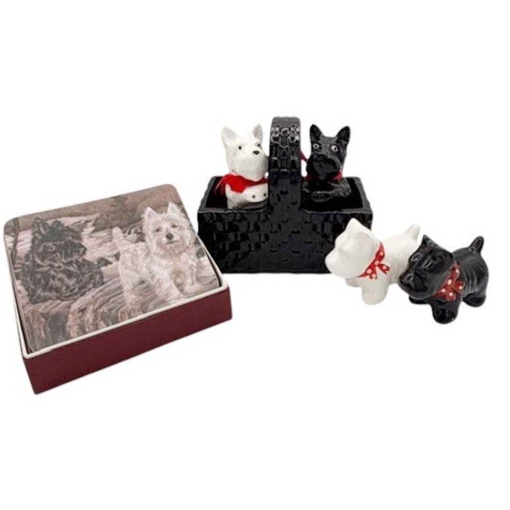 VTG Scottish Terrier Scottie Dog Set Salt Pepper Shakers Coasters Japan Scotland - Picture 1 of 16